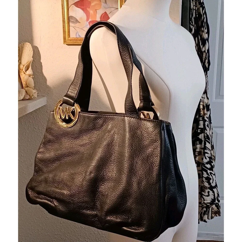 Michael Kors Black Leather Large Fulton Hobo Designer Shoulder Bag